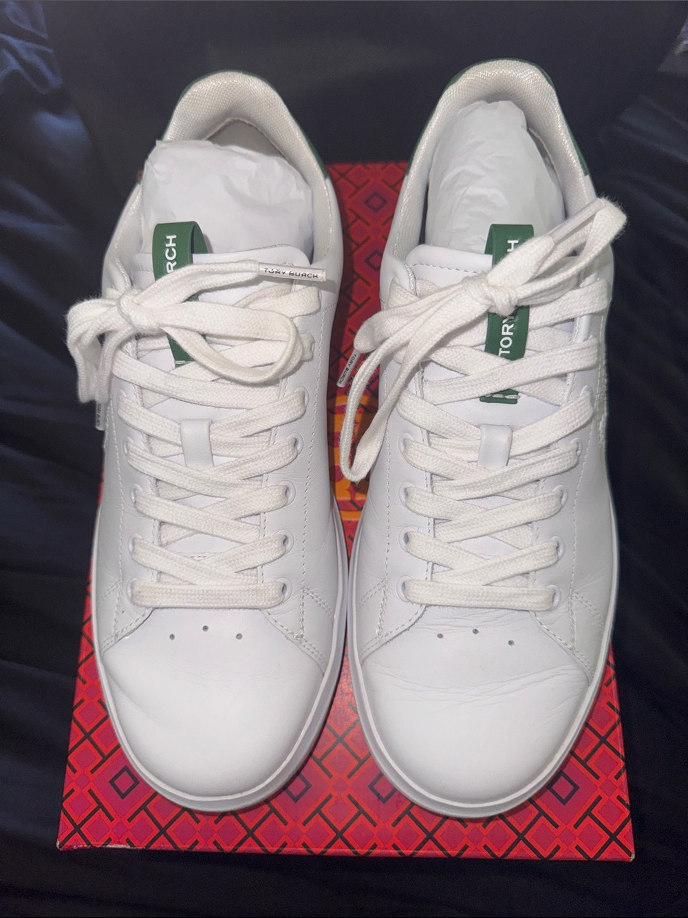 Tory Burch White Leather Sneakers with Green Heel Patch